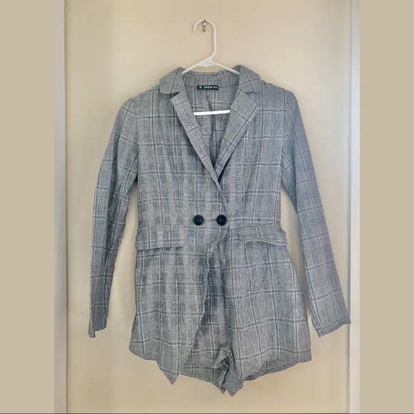 One piece blazer romper jumpsuit. Grey plaid.